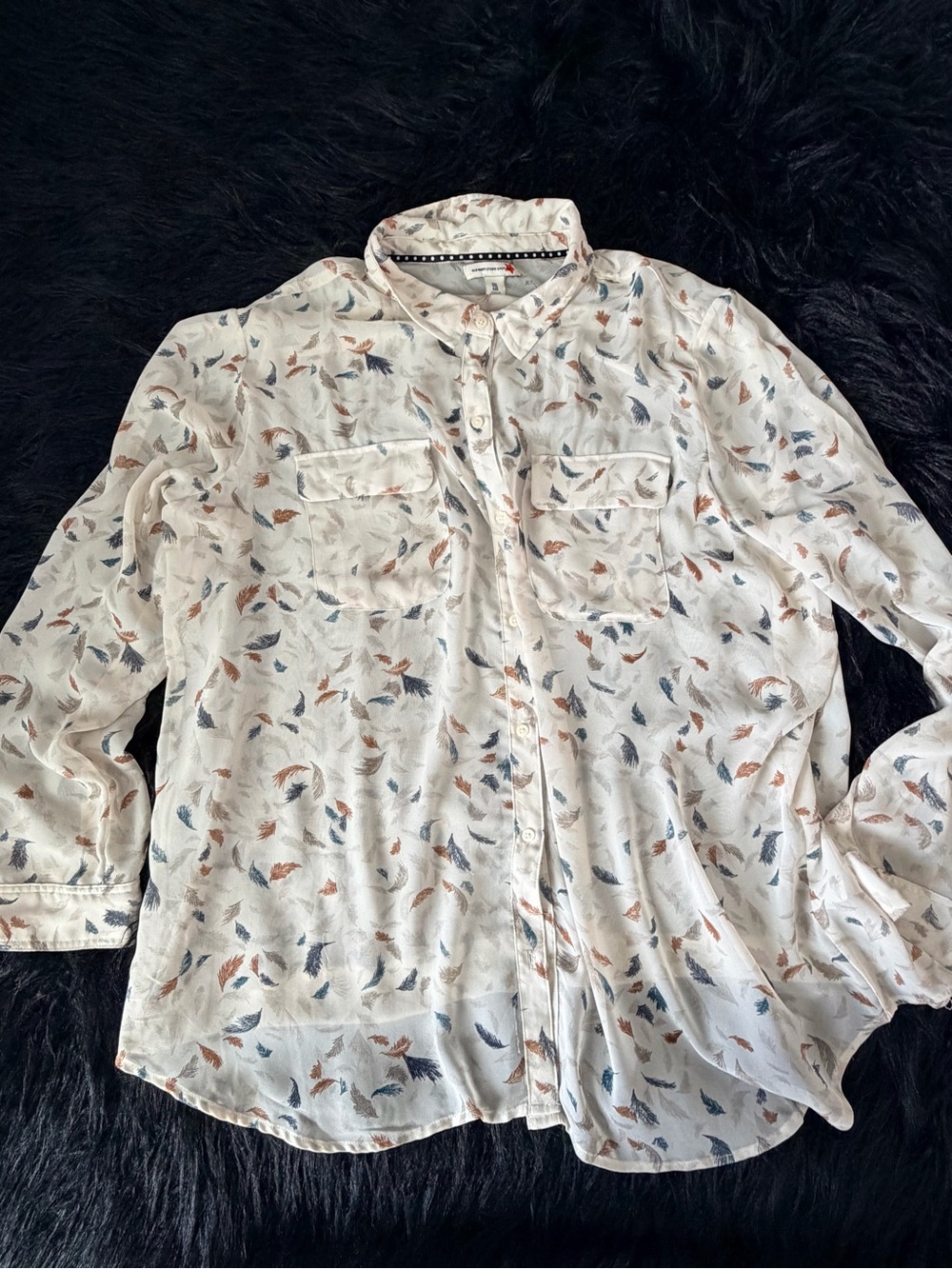 Old Navy White Button-Up Blouse with Blue & Brown Leaf Print
